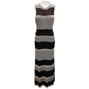 PROENZA SCHOULER WHITE LABEL BEIGE / BROWN STRIPED RIBBED KNIT MIDI DRESS